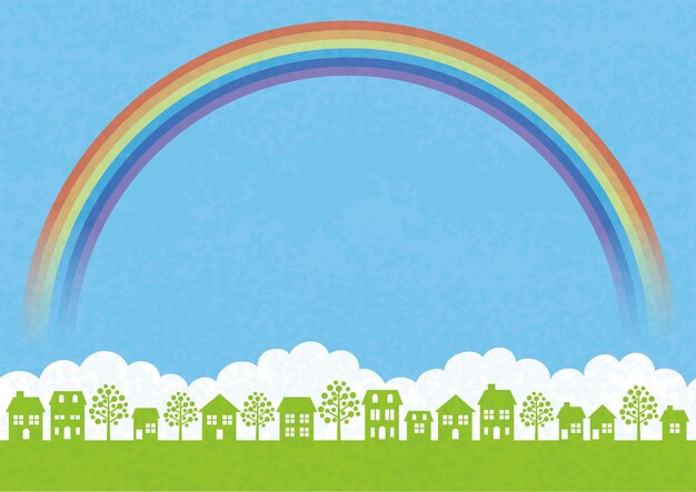 Seamless Townscape With Green Field, Blue Sky, White Clouds, A Rainbow, And Text Space. Vector Illustration.