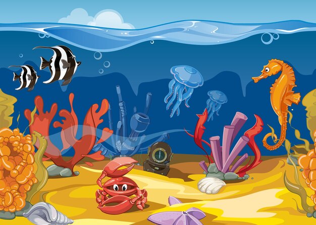 Seamless underwater landscape in cartoon style. Ocean and sea, fish and coral. Vector illustration