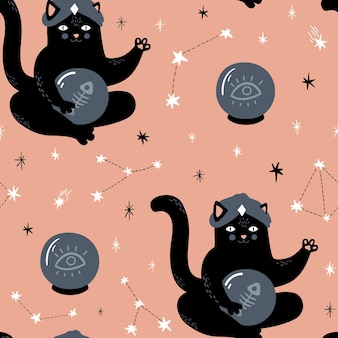 Seamless vector pattern with black cat oracle, fortune teller, crystal ball, constellation and stars on pink background. magic illustration