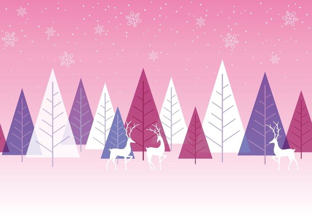 Бесшовные векторные розовый зимний лес фон с оленями. Горизонтально повторяемый.