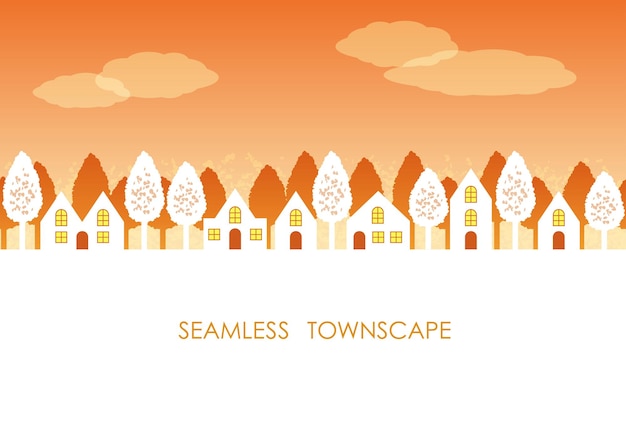 Seamless vector townscape at sunset with text space. horizontally repeatable.