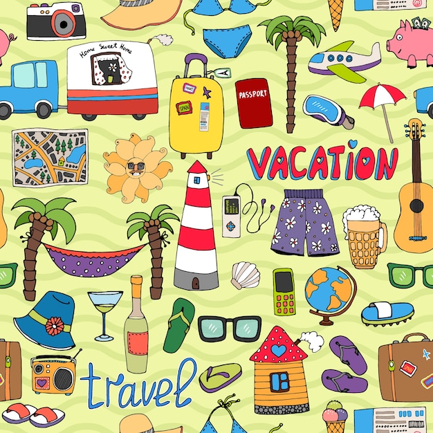 Seamless vector tropical vacation and travel pattern with colorful icons depicting swimsuits lighthouse  hammock  palms  sunglasses  caravan  map  beer  wine  piggy bank  clothing