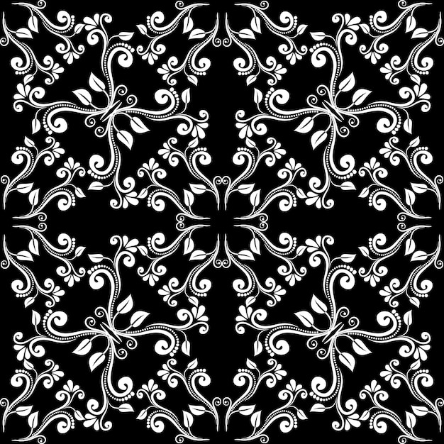 シームレスなヴィンテージバロックパターン。黒の背景に白い葉からの装飾