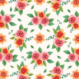 Seamless watercolor floral pattern with red and orange florals