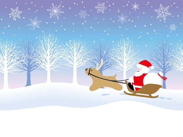 Free vector seamless winter landscape illustration with santa claus and a reindeer. horizontally repeatable.