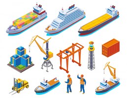 Seaport colored isometric icon set with isolated boats cranes ships and workers  illustration