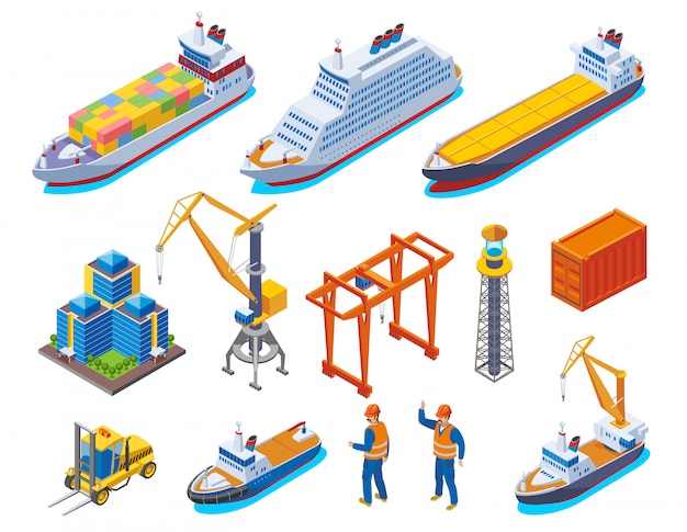 Seaport colored isometric icon set with isolated boats cranes ships and workers  illustration