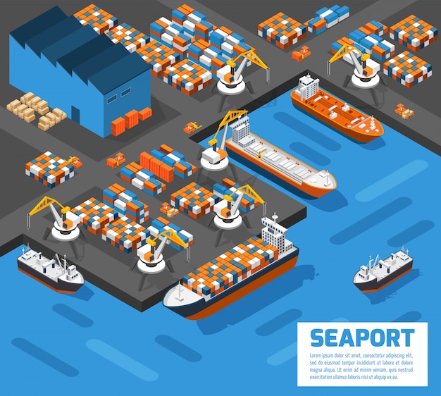 Free vector seaport isometric aerial view poster