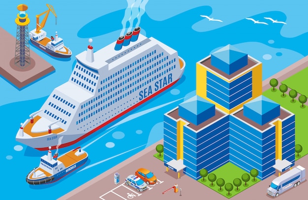 Free vector seaport isometric colored concept with big ship named sea star sailing in the port  illustration