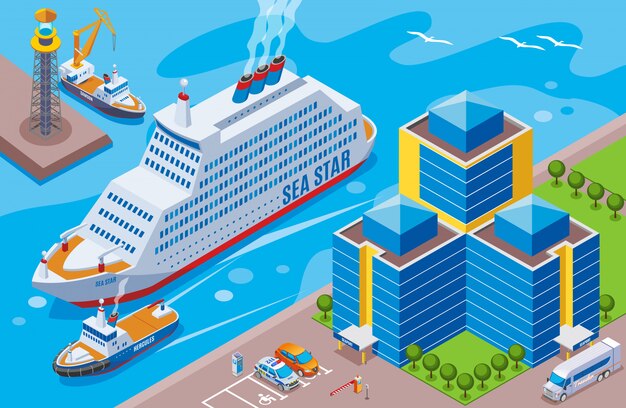 Seaport isometric colored concept with big ship named sea star sailing in the port  illustration