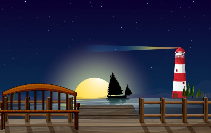 Free Vector a seaport with a lighthouse
