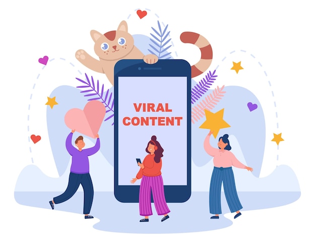 Free vector search by people for viral content on social media. tiny persons holding heart for like and rating star, standing near smartphone and funny cat flat vector illustration. digital marketing concept