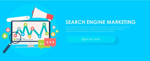 Search Engine Marketing banner. Computer with object, diagram, user icon.