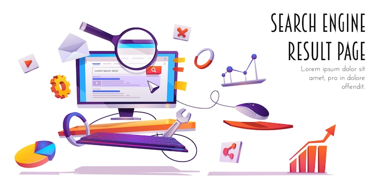 Free Vector search engine result page, serp cartoon banner.
