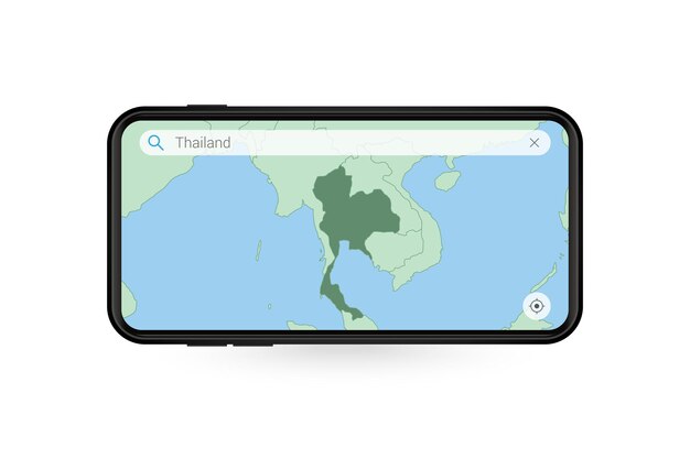 Поиск карты таиланда в приложении карты смартфона. карта таиланда в сотовом телефоне.