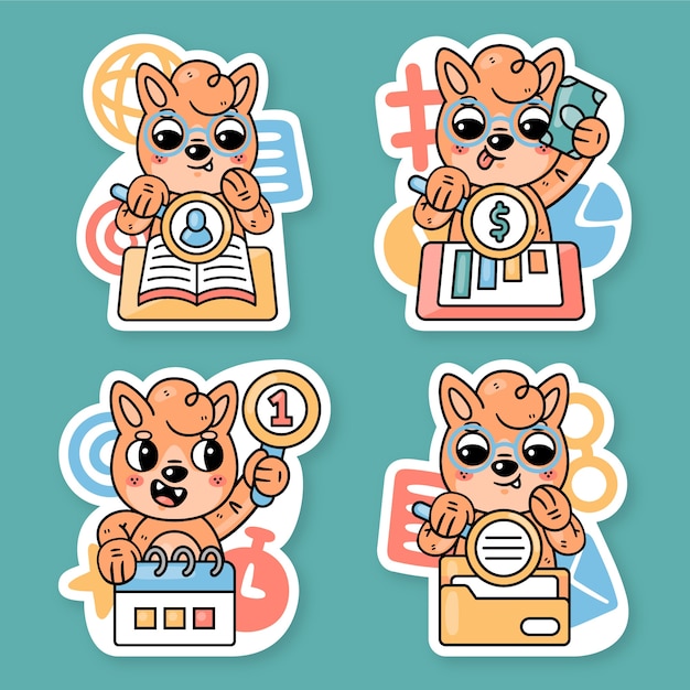 Free vector searching stickers collection with fred the fox