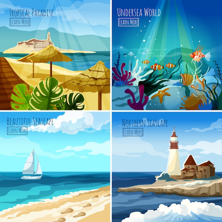 मुफ़्त वेक्टर seascape illustrations set