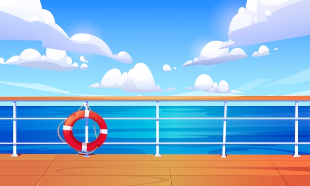 クルーズ船の甲板からの海の景色。穏やかな水面と青い空に雲のある海の風景。手すりと救命浮輪と木製のボートデッキまたは岸壁の漫画イラスト