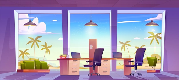 Free vector seaside company office interior with palm trees behind large windows vector cartoon illustration of room with laptops and folders on desks chairs lamps tropical beach view business workspace