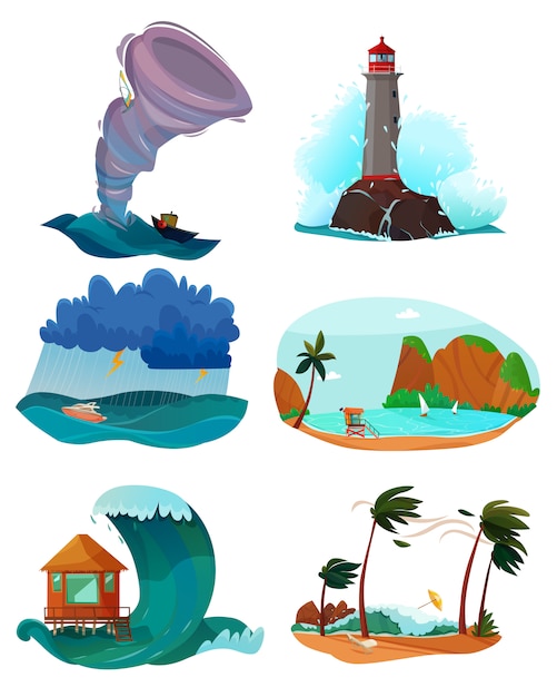 Free vector seaside landscapes set