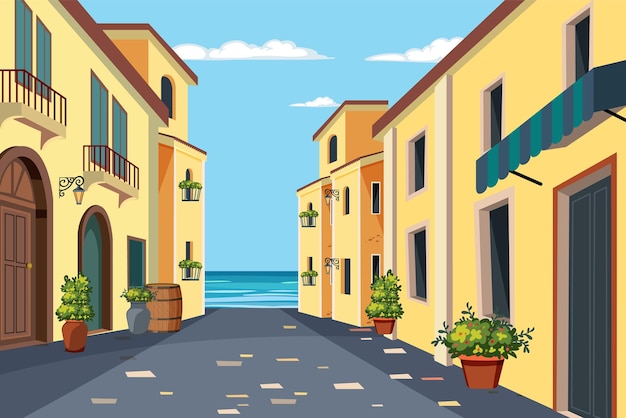 Free vector seaside town street view illustration