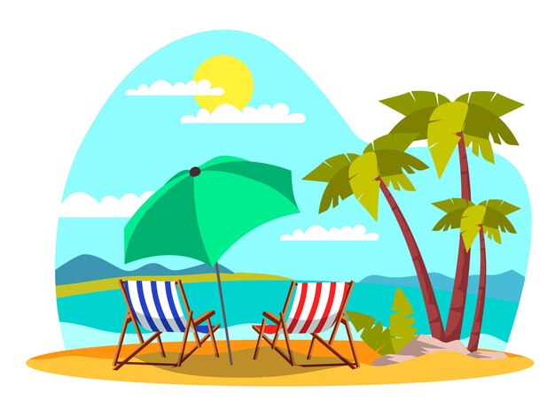 뜨거운 모래에 우산 일광욕용 긴 의자가 있는 해변 휴가 빈 해변 청록색 파도와 야자수가 있는 이국적인 섬나라 열대 낙원 여행