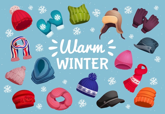 Composizione orizzontale nel fondo dei cappelli della sciarpa di inverno stagionale con il testo decorato dei fiocchi di neve e l'illustrazione calda isolata di immagini dell'abbigliamento