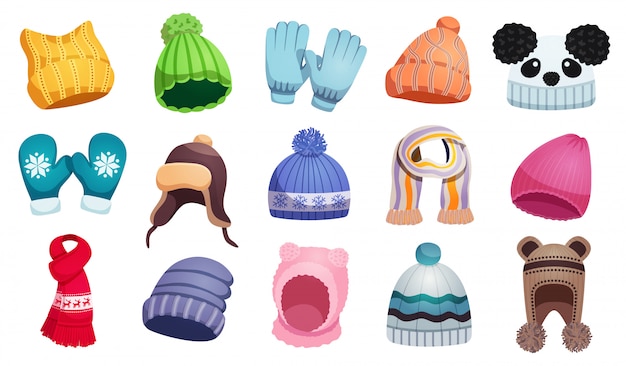 Сезонный зимний шарф шапки дети набор с пятнадцатью изолированными изображениями детей носить иллюстрации