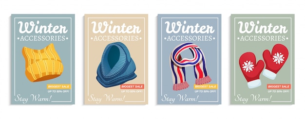 Сезонный зимний шарф шапки постер набор из четырех вертикальных композиций с декоративным текстом и иллюстрацией изображений одежды