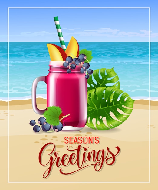 Free vector seasons greetings lettering with sea beach cocktail and leaves.