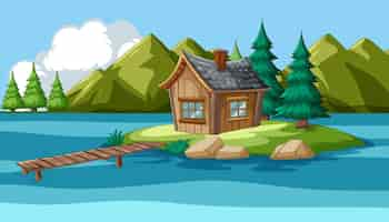 Free vector secluded cabin by the mountain lake