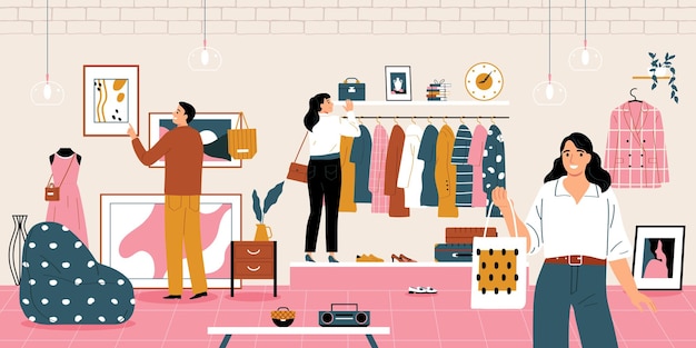 Free vector second hand sunday market with people choosing retro clothes flat vector illustration