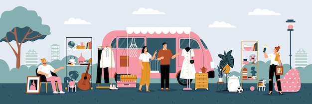 Free vector second hand sunday market with retro clothes selling outdoors flat vector illustration