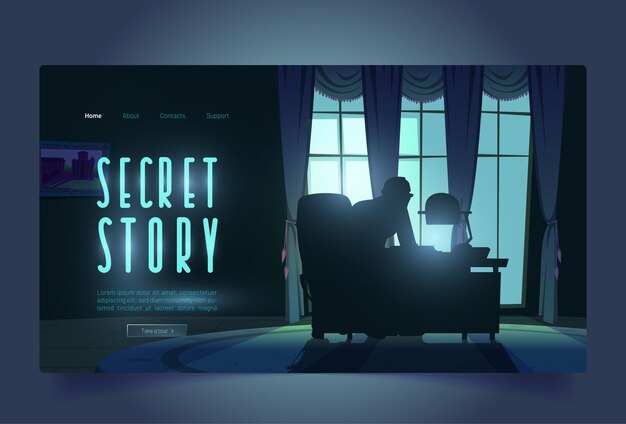 Секретный рассказ тур-баннер со шпионом в ночном офисе