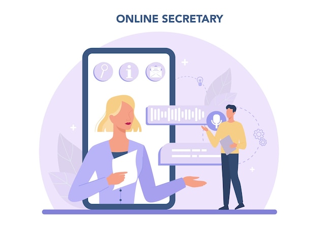 Секретарь онлайн-сервиса или платформы администратор отвечает на звонки и помогает с документацией онлайн-секретарь плоская векторная иллюстрация