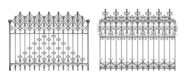 Sezioni di recinzione forgiata decorativa o cancelli con ornamento elegante, retrò realistico