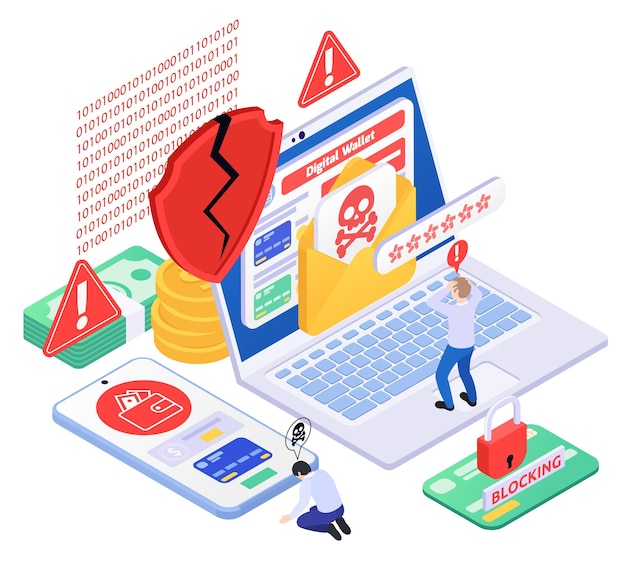 セキュア・ペイメント・アイソメトリック・コンポジション (Secure Payment Isometric Composition) - 破裂したシールドのアイコンとお金コンピュータスマートフォンのベクトルイラストを備えた警告標識