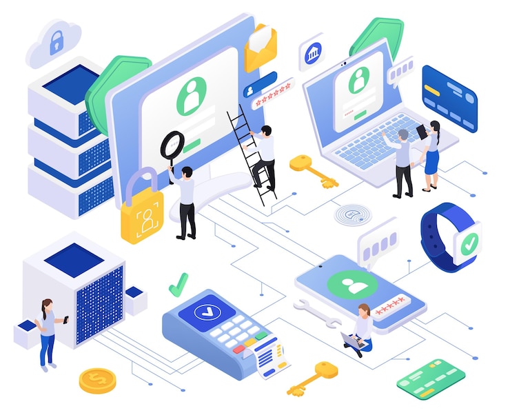 Free Vector secure payment isometric composition with icons of payment machines electronic gadgets servers with people and pictograms vector illustration