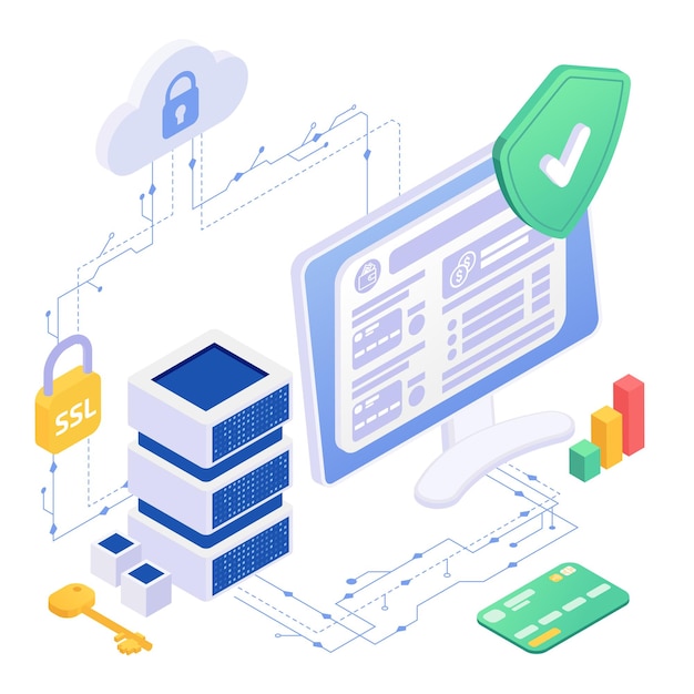 Pagamento sicuro composizione isometrica con vista isolata del computer collegato alla rete con le nuvole chiavi ssl illustrazione vettoriale