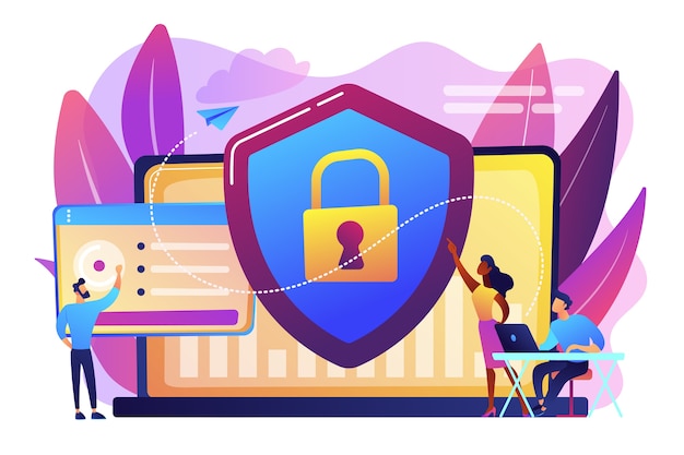 Security analysts protect internet-connected systems with shield. Cyber security, data protection, cyberattacks concept on white background. Bright vibrant violet  isolated illustration