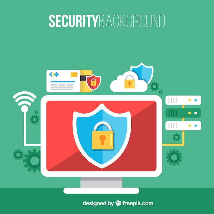 Free Vector security background with computer and other elements in flat design