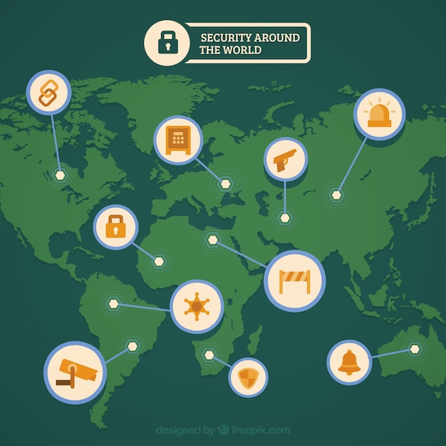 Фон безопасности с зеленой карте мира и оранжевые элементы