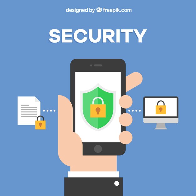Security background with hand and mobile phone in flat design
