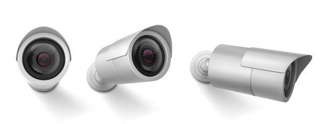 Security camera in different views. Vector realistic set of cctv cam, watching system, video control of safety.