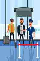 Free vector security check gates illustration guard checking passengers with metal detector businessman guy with suitcase in departure lounge