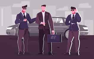 Free vector security service flat composition with businessman getting out of limousine surrounded by two bodyguards