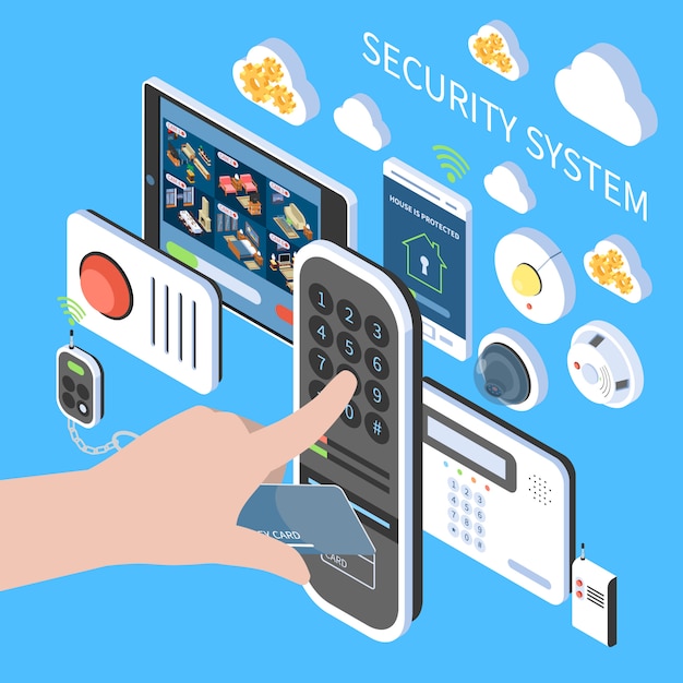 Free vector security system composition with remote fire alarm video intercom home surveillance system isometric icons