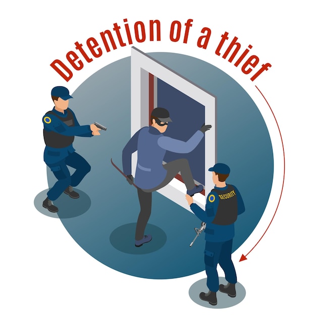 Security systems isometric round with burglar detention by armed surveillance officers crime scene illustration