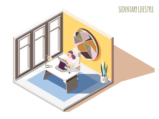 Free vector sedentary lifestyle isometric composition with text and female character sitting at table in her working room