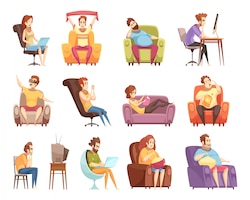 Sedentary lifestyle set of retro cartoon icons